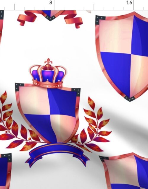 Heraldry Shields with Royal Crowns and Banners in Blue on White Fabric