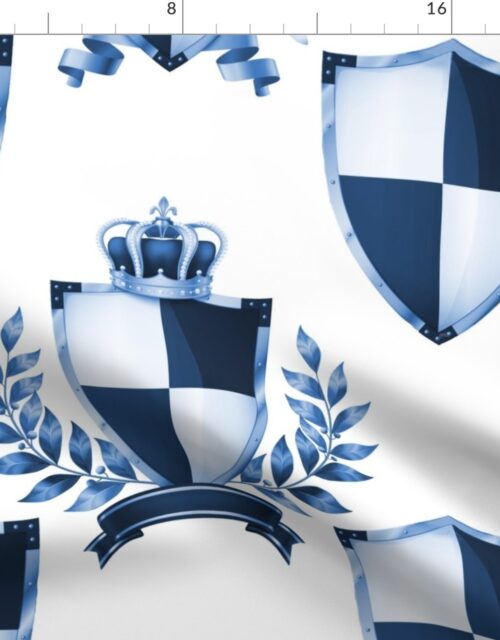 Heraldry Shields with Royal Crowns and Banners in Blue on White Fabric