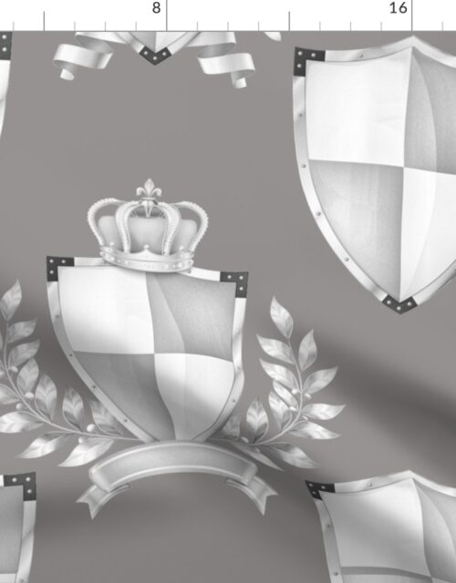 Heraldry Shields with Royal Crowns and Banners in Grey on Grey Fabric