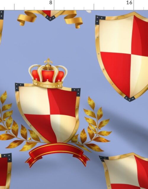Heraldry Shields with Royal Crowns and Banners in Red on Blue Fabric