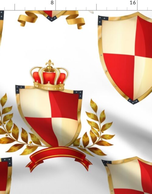 Heraldry Shields with Royal Crowns and Banners in Red on White Fabric