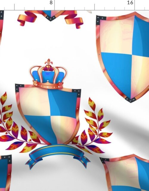 Heraldry Shields with Royal Crowns and Banners in Turquoise on White Fabric