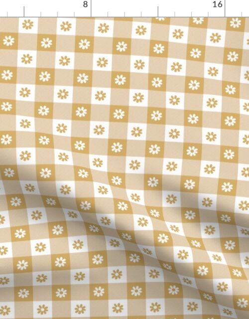 Honey  and White Gingham Floral Check with Center Floral Medallions in Honey and White Fabric