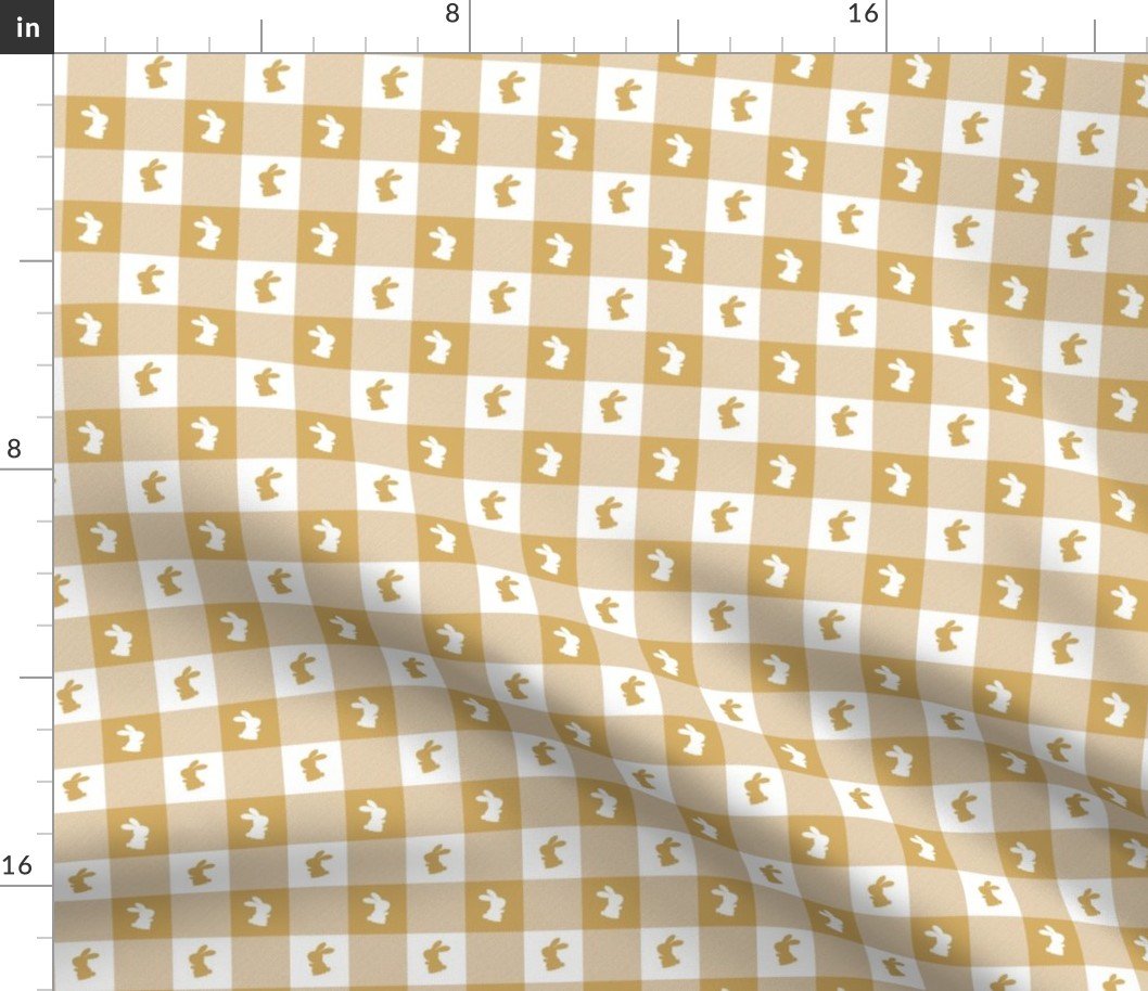 Honey and White Gingham Easter Check with Center Bunny Medallions in Honey and White Fabric