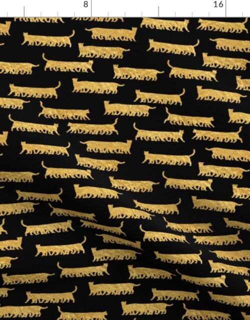 Humorous and Fun Faux-Foil Gold Cat Multiped Caterpillar Repeat on Black Fabric