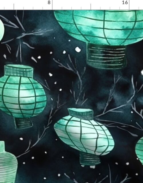 Jade Green Glowing Chinese Paper Lanterns Watercolor Fabric