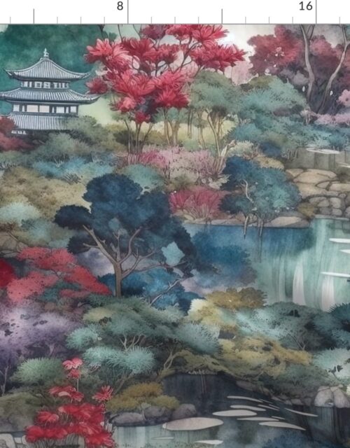 Japanese Water Garden Watercolor with Temples Fabric
