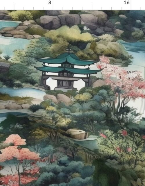 Japanese Water Garden Watercolor with Temples Fabric