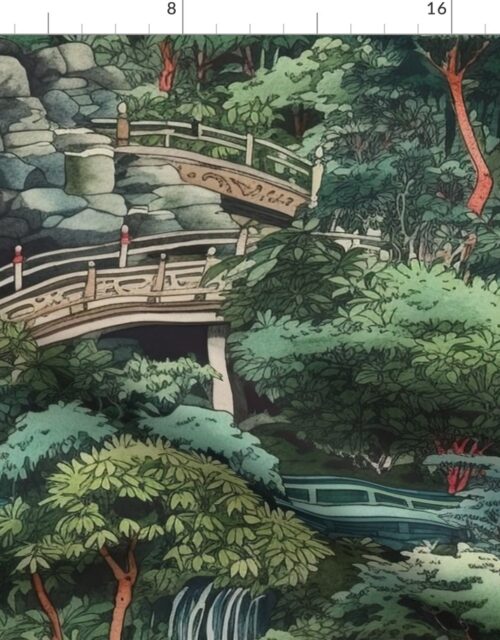 Japanese Water Garden with Bridges Fabric