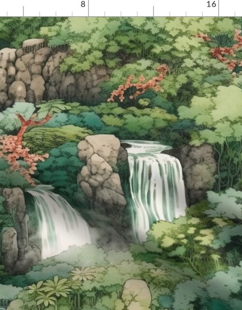 Japanese Water Garden with Waterfalls Fabric