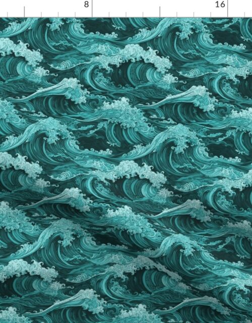 Japanese Woodcut Big Tsunami Waves in Shades of Aqua Blue Fabric