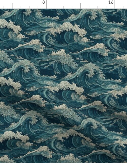 Japanese Woodcut Big Tsunami Waves in Shades of Blue Fabric