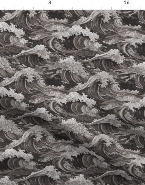 Japanese Woodcut Big Tsunami Waves in Shades of Grey Fabric