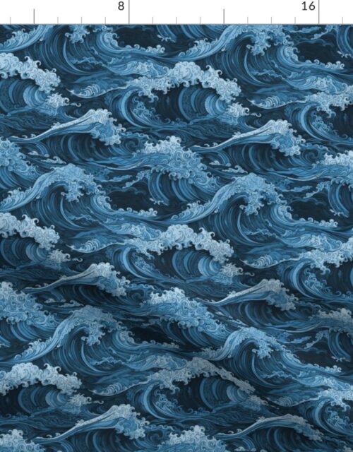 Japanese Woodcut Big Tsunami Waves in Shades of Mid-Blue Fabric
