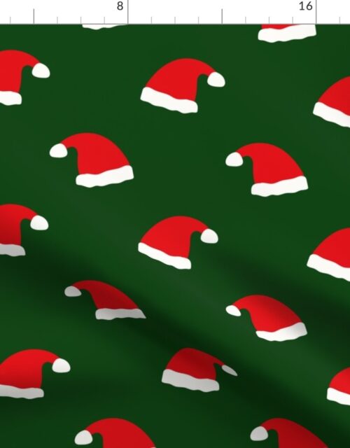 Jolly Old Saint Nick Red Santa Christmas Hats on Forest Green Fabric