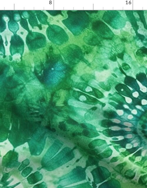 Jumbo Tie Dye Batik in Bright Green Circling Swirls on Teal Fabric