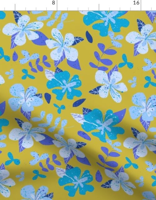 Jumbo Tropical Blue and Indigo Hibiscus Floral Repeat on Gold Fabric