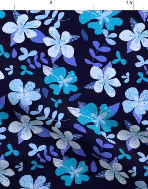 Jumbo Tropical Blue and Indigo Hibiscus Floral Repeat on Navy Fabric