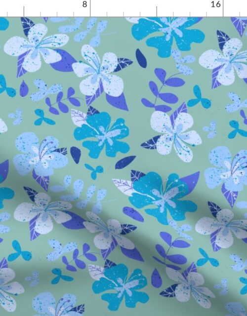 Jumbo Tropical Blue and Indigo Hibiscus Floral Repeat on Seafoam Fabric