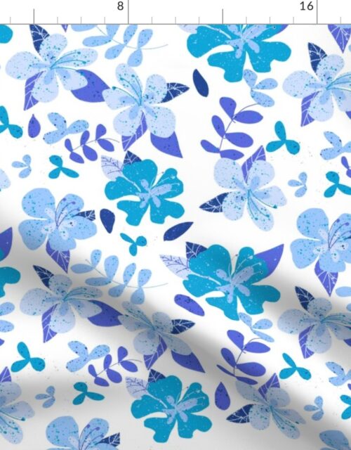 Jumbo Tropical Blue and Indigo Hibiscus Floral Repeat on White Fabric