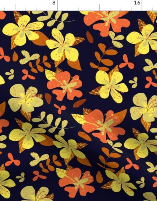 Jumbo Tropical Orange and Brown Hibiscus Retro Repeat on Navy Fabric