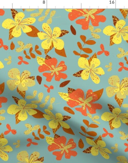 Jumbo Tropical Orange and Brown Hibiscus Retro Repeat on Seafoam Fabric