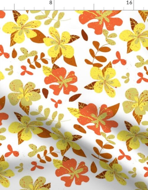 Jumbo Tropical Orange and Brown Hibiscus Retro Repeat on White Fabric
