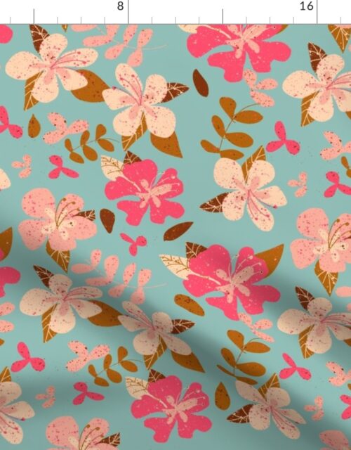 Jumbo Tropical Pink and Brown Hibiscus Floral Repeat on Seafoam Fabric