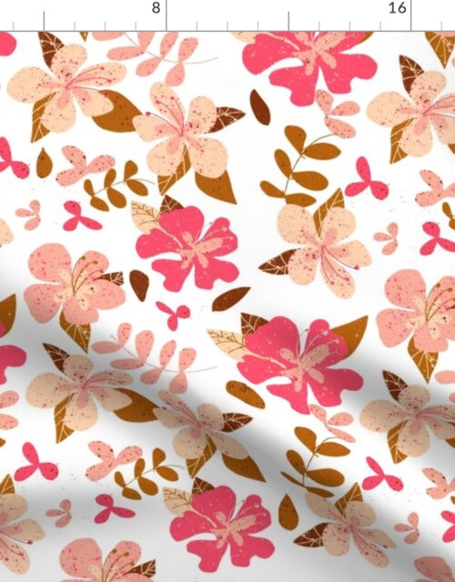 Jumbo Tropical Pink and Brown Hibiscus Floral Repeat on White Fabric
