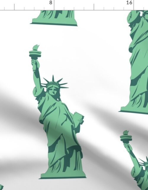 Lady Liberty Statues Repeat in Beguiling Green on White Fabric