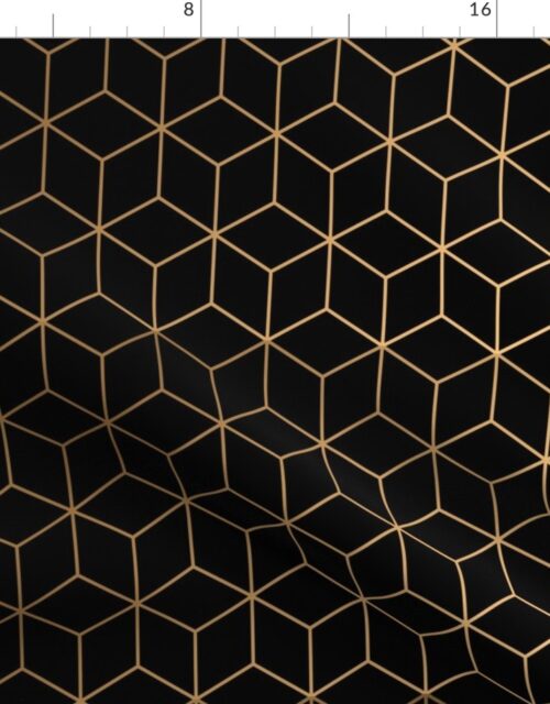 Large Black and Faux Metallic Gold Art Deco 3D Geometric Cubes Fabric