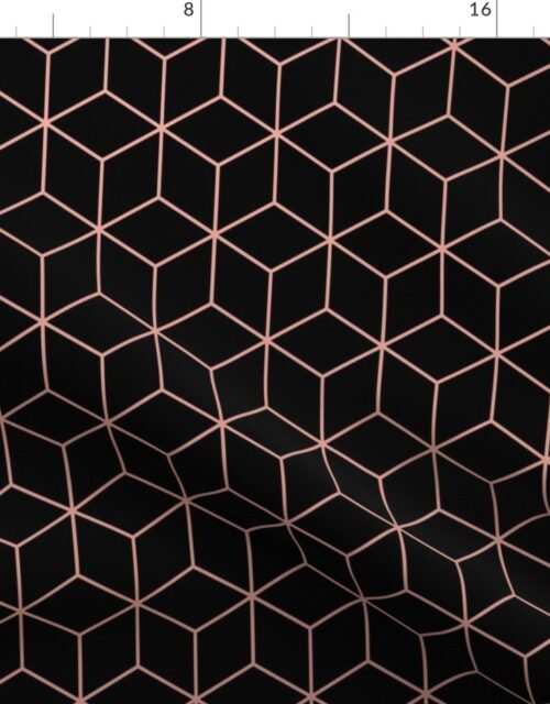 Large Black and Faux Metallic Rose Gold Art Deco 3D Geometric Cubes Fabric