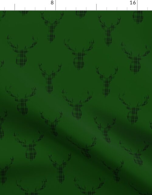 Large Black and Green Tartan Silhouetted Buck Deer Trophy Heads with Antler Racks Mounted on Green Fabric