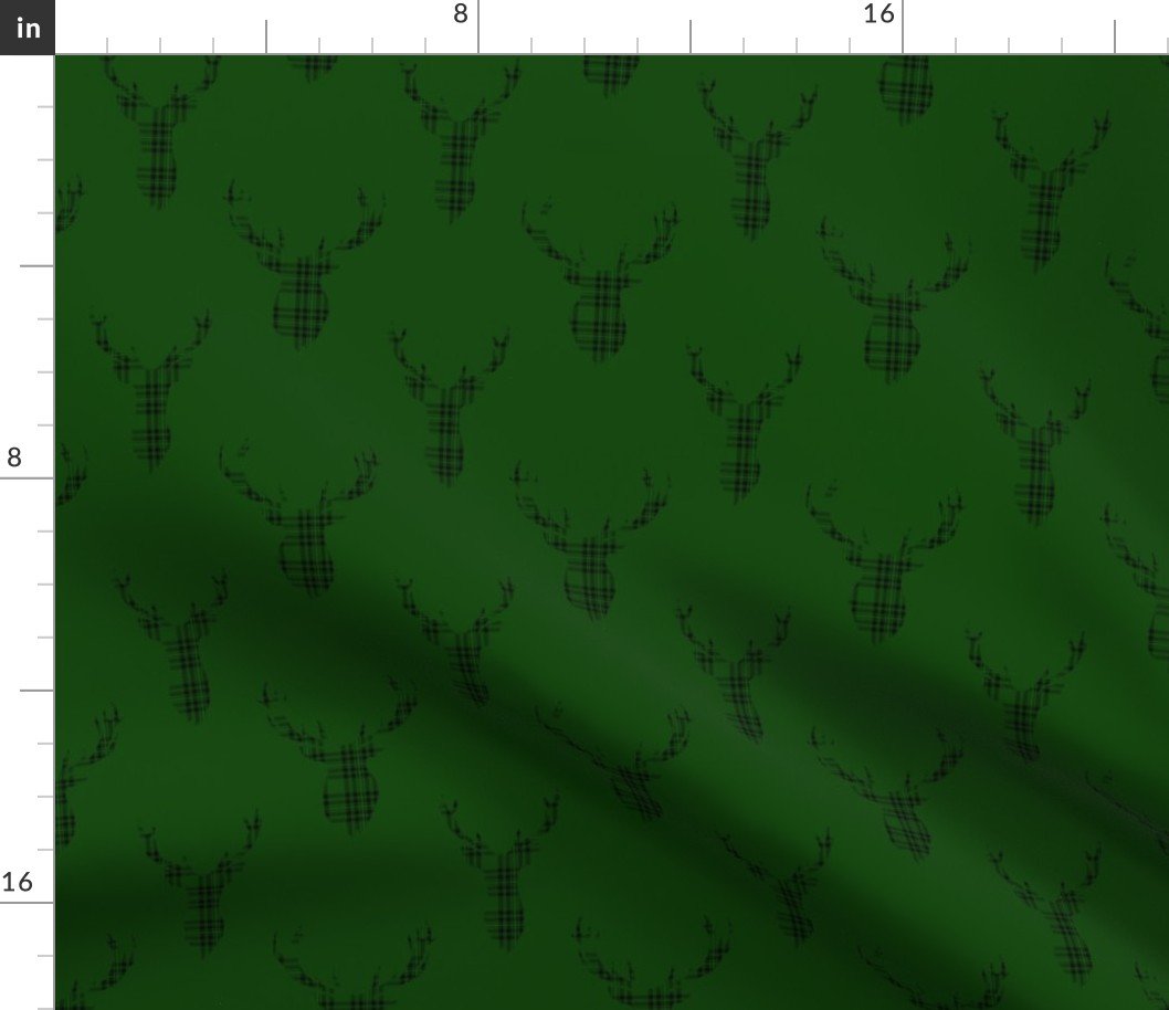 Large Black and Green Tartan Silhouetted Buck Deer Trophy Heads with Antler Racks Mounted on Green Fabric