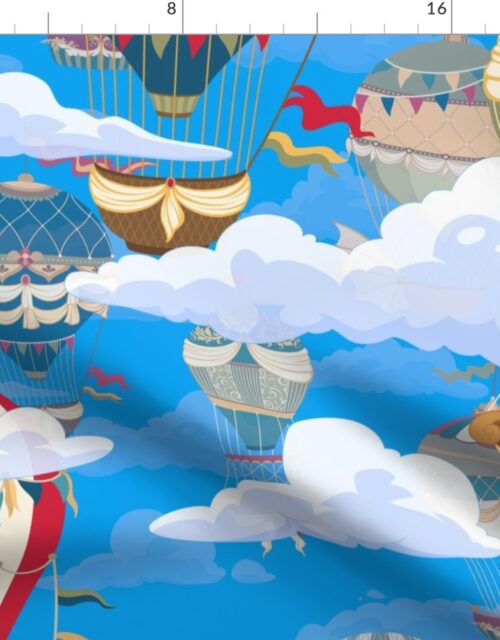 Large Blue Vintage Ornamental Winged Hot Air Helium Balloons in Clouds Race Fabric