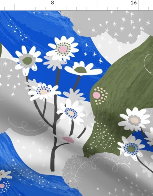 Large Blue and White Daisies Abstract Seamless Repeat Pattern Fabric