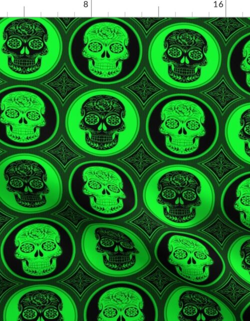 Large Bright Green and Black Skulls Calaveras Day of the Dead Dia de los Muertos Fabric