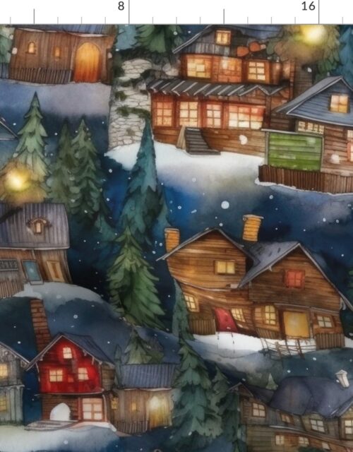 Large Christmas Christmas Rugged Country Winter Cabins Watercolor Fabric