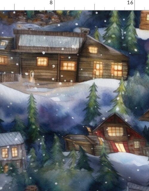 Large Christmas Christmas Rustic Village Winter Cabins Watercolor Fabric