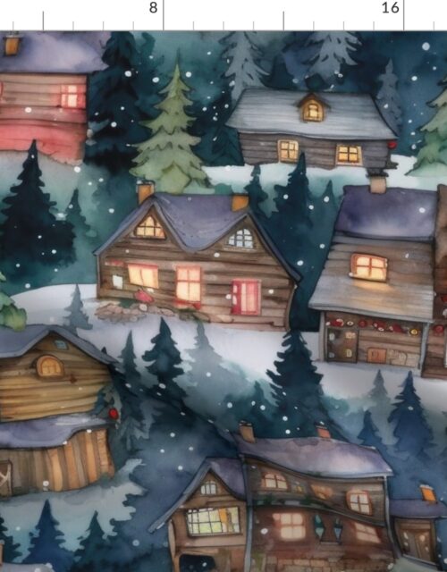 Large Christmas Christmas Rustic Winter Mountainside Cabins Watercolor Fabric