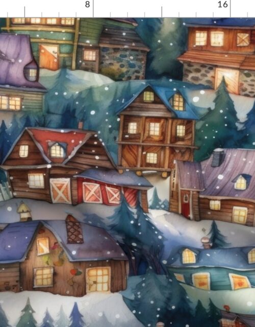 Large Christmas Rustic Country Winter Cabins Watercolor Fabric