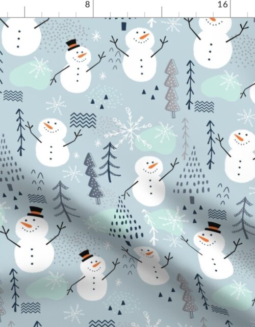 Large Christmas Snowman with Trees and Snowflakes on Icy Mint Blue Fabric