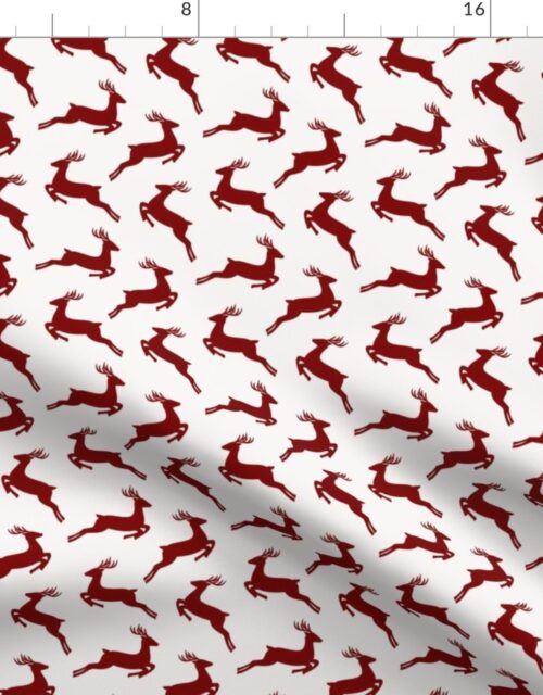 Large Dark Christmas Candy Apple Red Leaping Reindeer on White Fabric