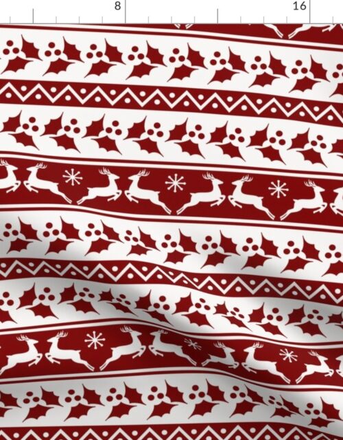 Large Dark Christmas Candy Apple Red Nordic Reindeer Stripe in White Fabric