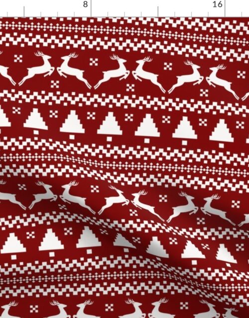 Large Dark Christmas Candy Apple Red Nordic Reindeer Stripe in White Fabric