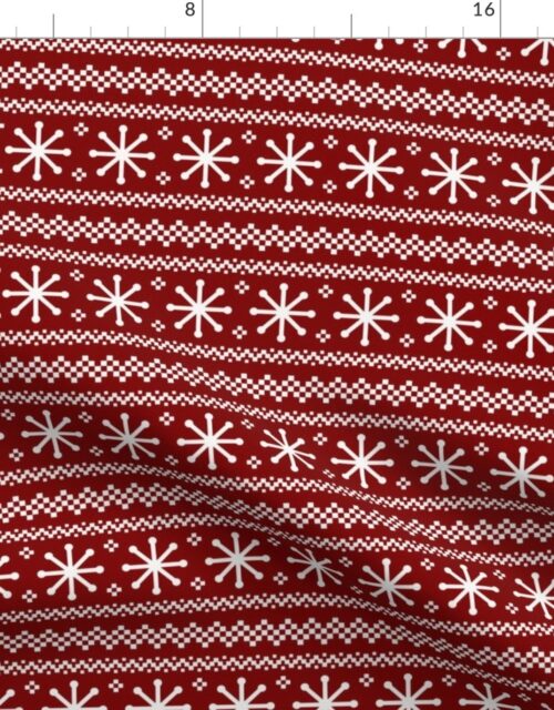 Large Dark Christmas Candy Apple Red Snowflake Stripes in White Fabric
