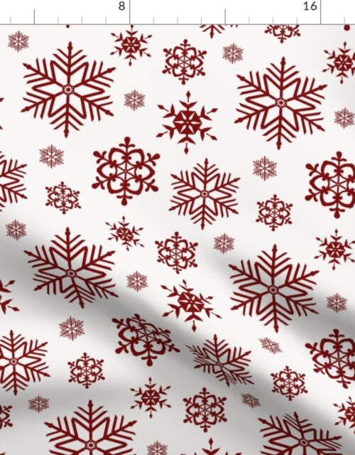 Large Dark Christmas Candy Apple Red Snowflakes on White Fabric