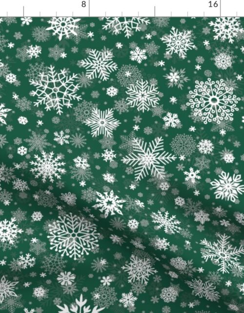 Large Dark Evergreen and White Splattered Snowflakes Fabric