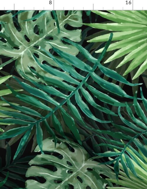 Large Dark Green Fern Palm and Monstera Tropical Plants Fabric