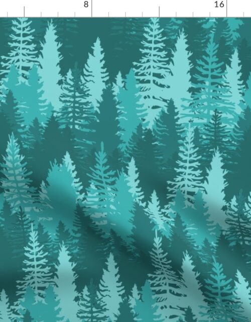 Large Endless Evergreen Forest with Fir Trees in Shades of Aqua Blue Fabric